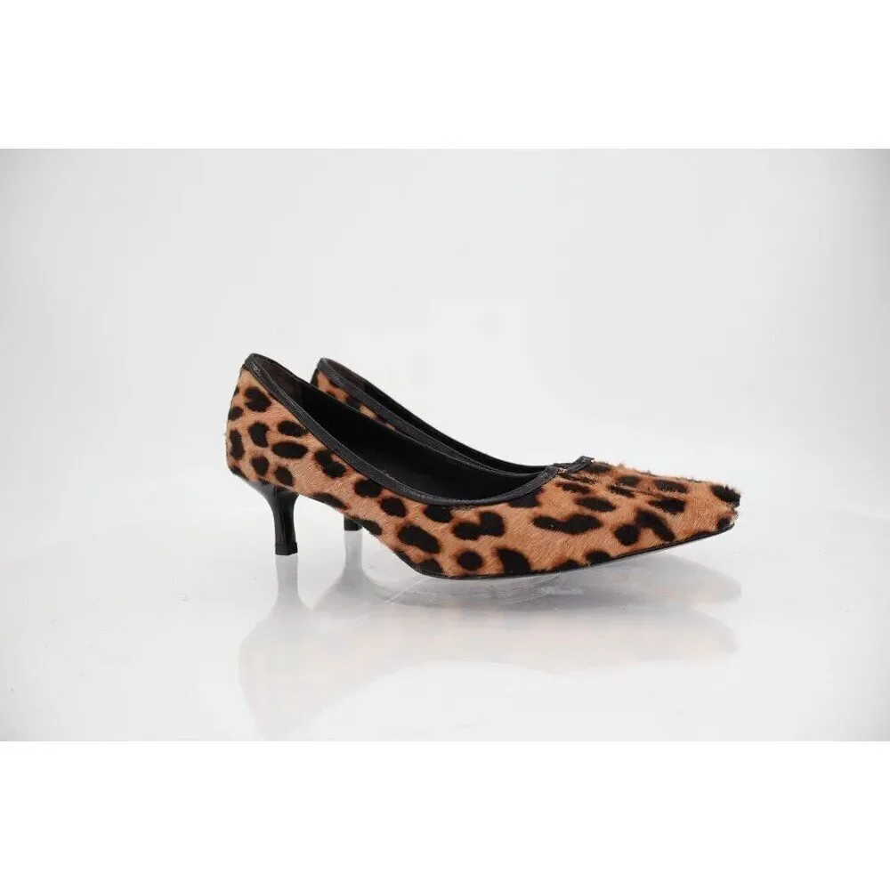 Tory Burch Double T Buckle Leopard Calf Hair Kitten Heel Pumps Size 5.5 Brown